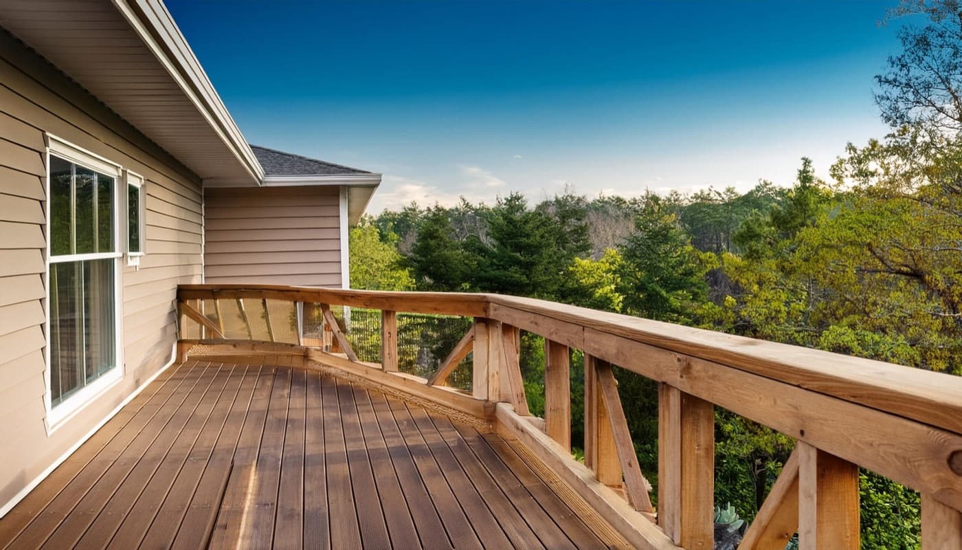 Wood deck railing overlooking trees