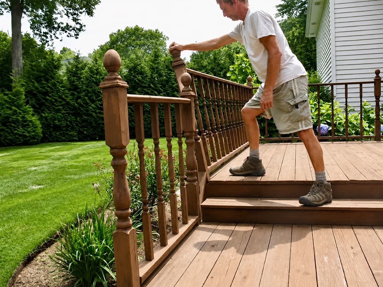 Homeowner pushing on a wood deck railing to test if it's loose