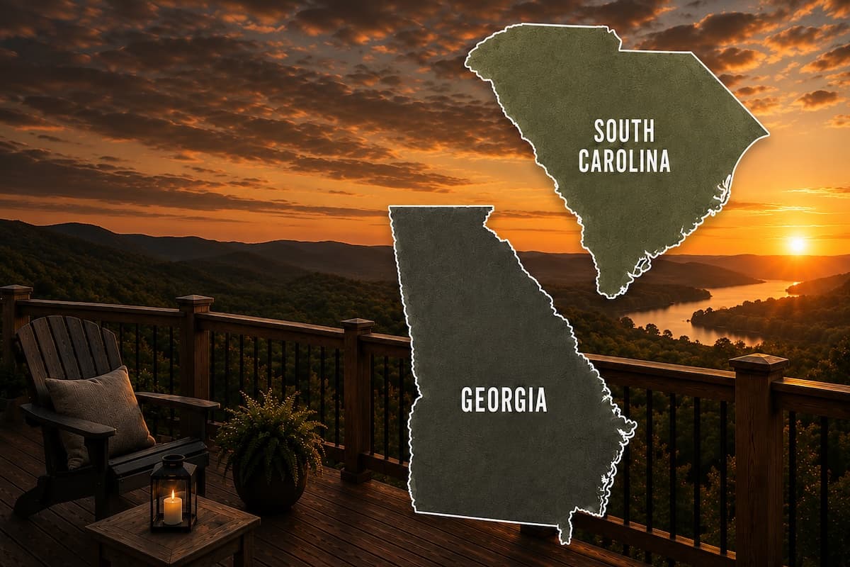 Deck at sunset overlooking the mountains, with Georgia and South Carolina outlined