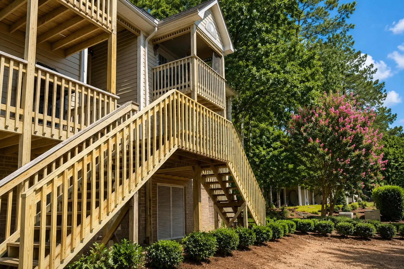 Multi-level wood deck with staircases