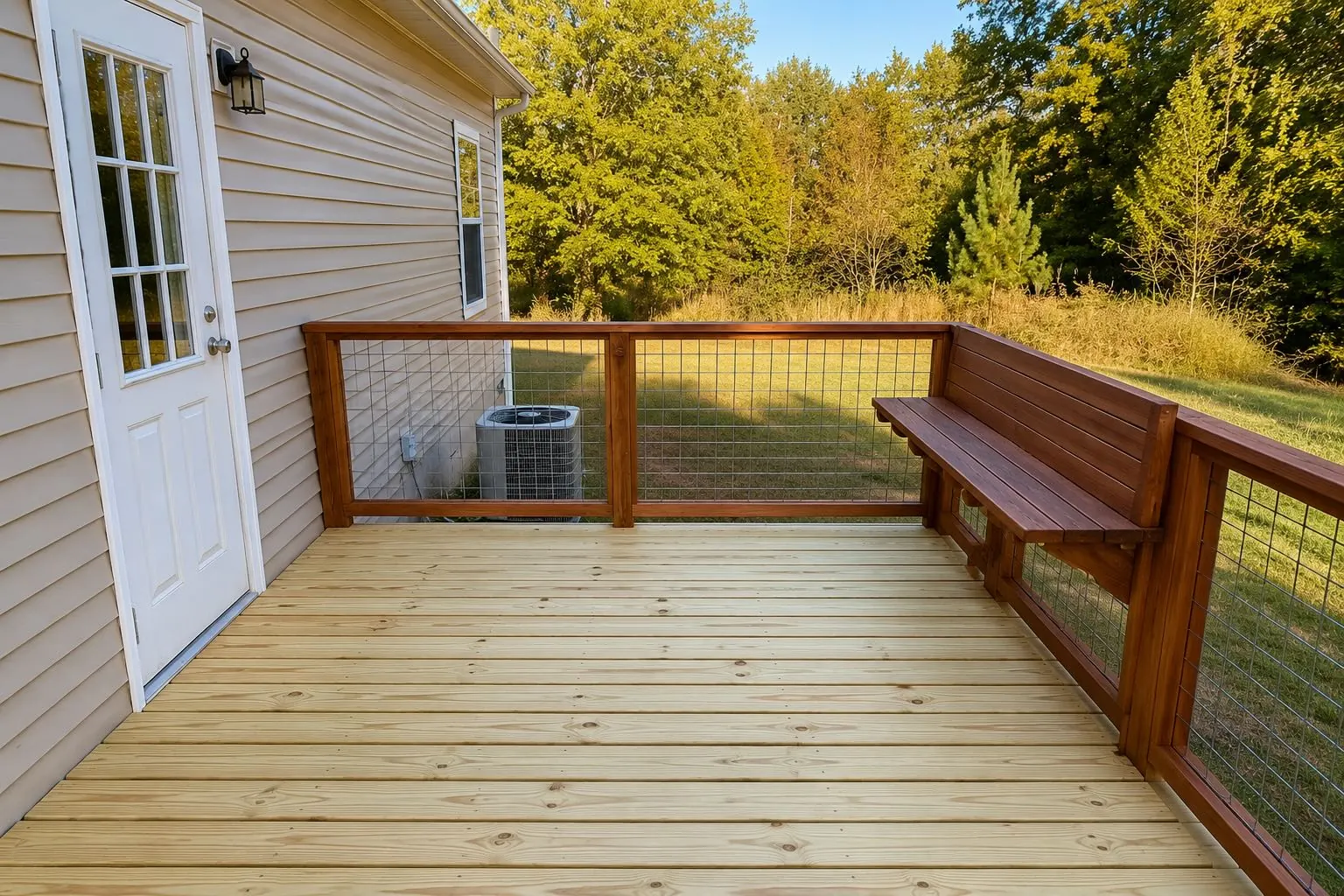 Custom wood deck with a built-in bench and wire railings