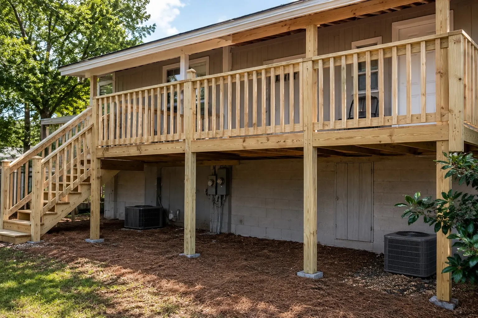 Raised deck with new framing, railings, and stairs