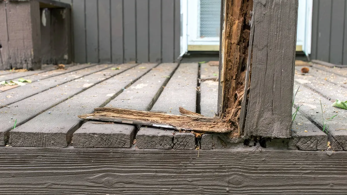 Rotted, splintered deck board and post
