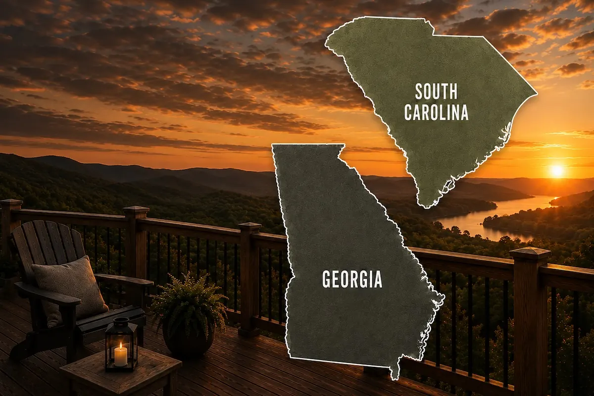 Deck at sunset overlooking the mountains, with Georgia and South Carolina outlined